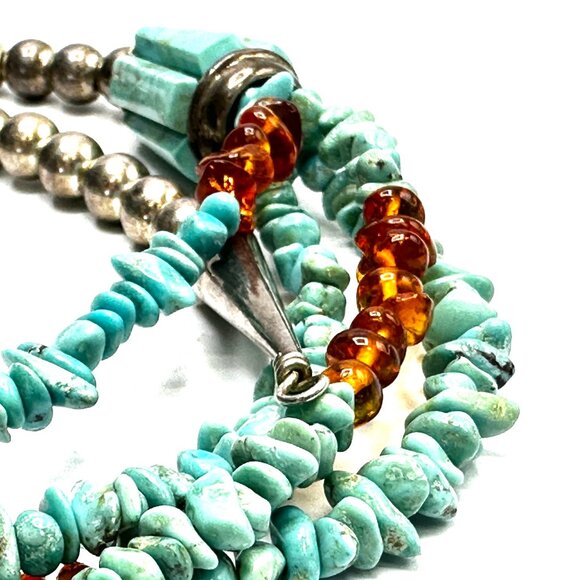 Vintage Navajo Four-Strand Turquoise and Amber Necklace w/Fluted Barrel Beads - Picture 10 of 14